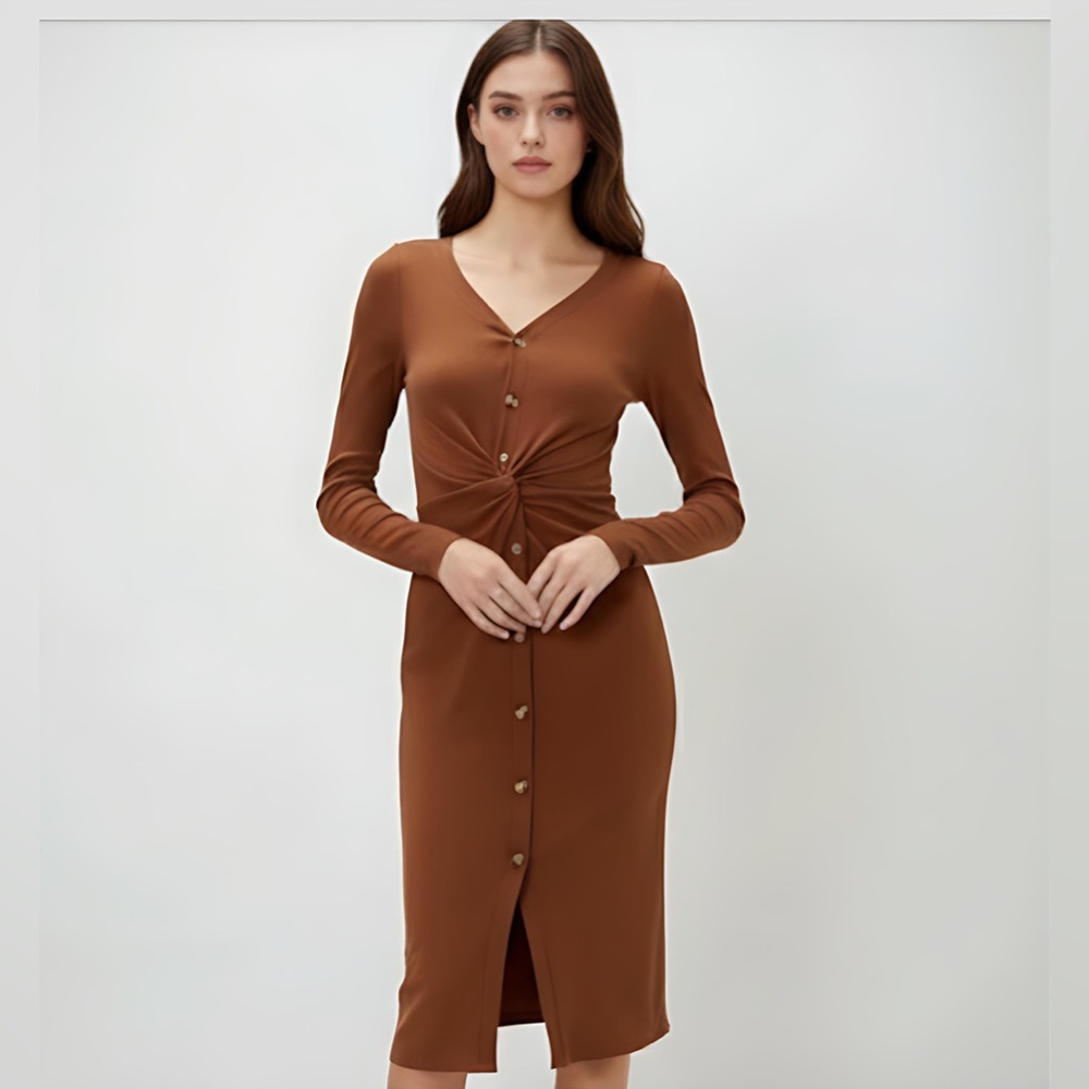 Viscose Cotton Front Twist Knot Ribbed Dress Brown.